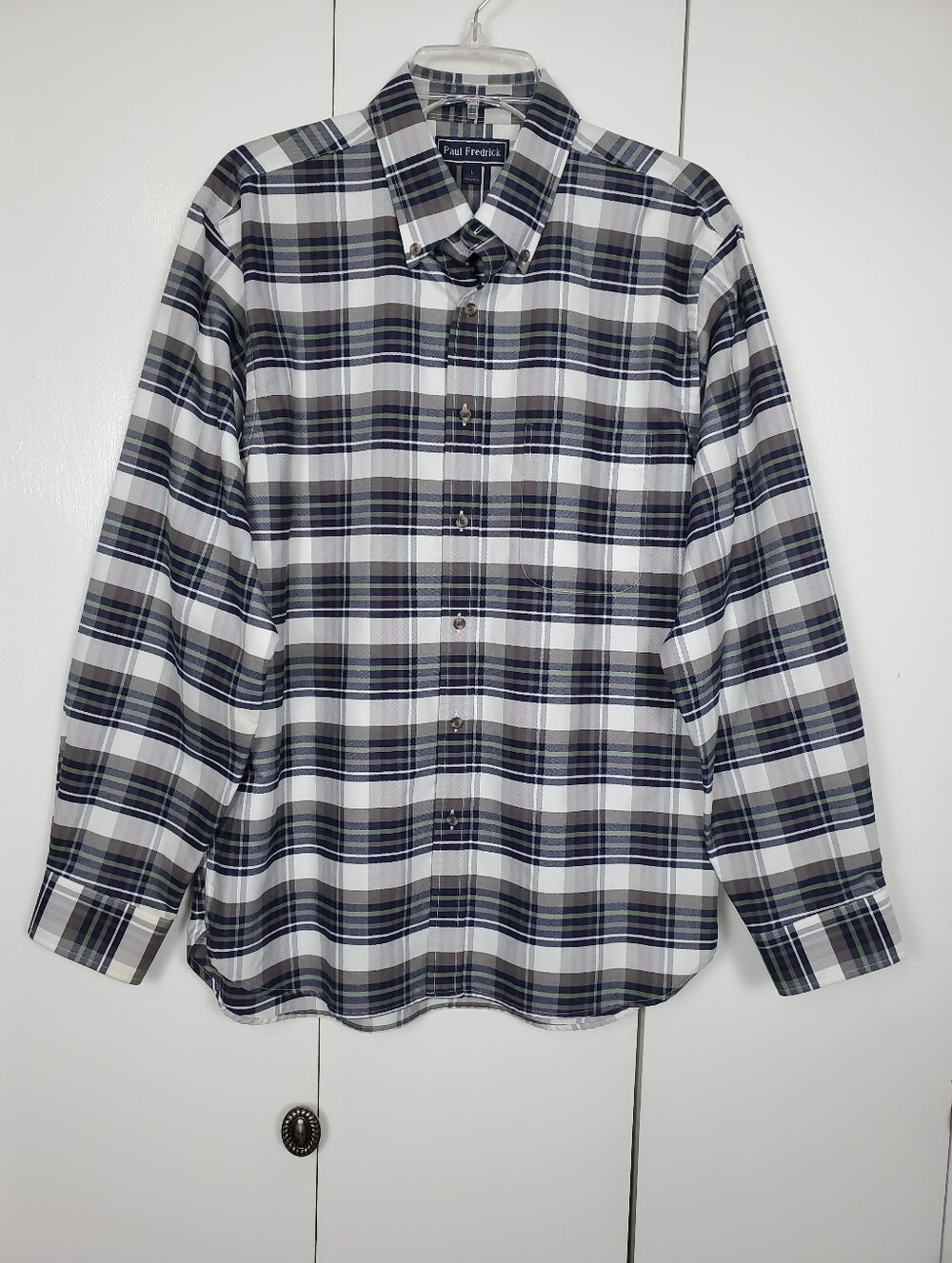 Paul Fredrick Men's Blue and White Plaid Button-Down Shirt Size L